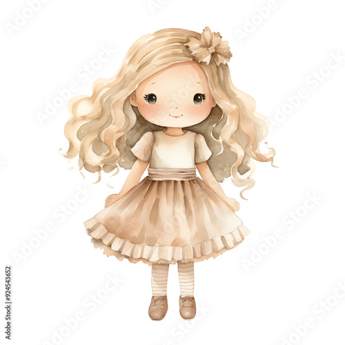 Cute Watercolor Rag Doll with Soft Fabric Details and Pastel Dress in Whimsical Design