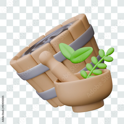 Round wooden tub with water, mortar and pestle and grass. Eco additives for bathing water
