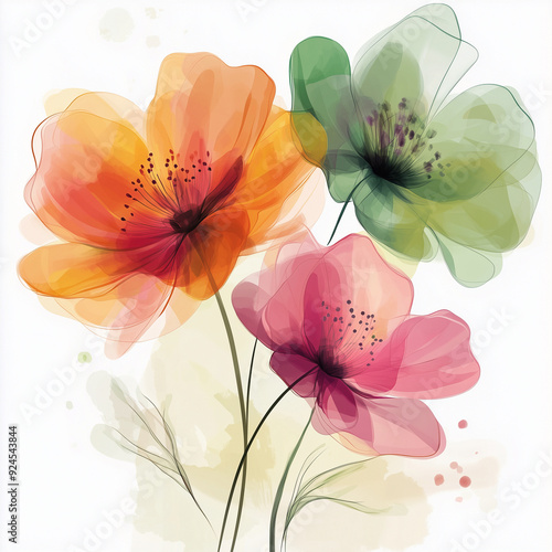 A striking watercolor illustration featuring delicate, transparent petals in vibrant shades of orange, pink, and green.