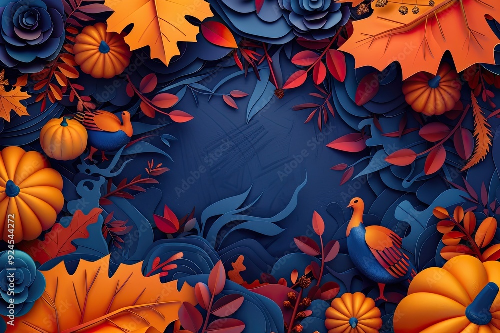 A banner designed to look like 3D paper cutouts, with layered elements of turkeys, leaves, and pumpkins, giving a sense of depth and creativity A banner designed to look like 3D paper cutouts, with layered elements of turkeys, leaves, and pumpkins, giving a sense of depth and creativity