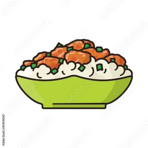 Bowl with marinated poultry pieces and rice isolated vector illustration for Orange Chicken Day on July 15. Asian food symbol.