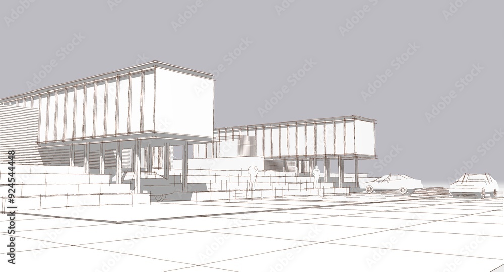 Fototapeta premium townhouse architectural sketch 3d illustration