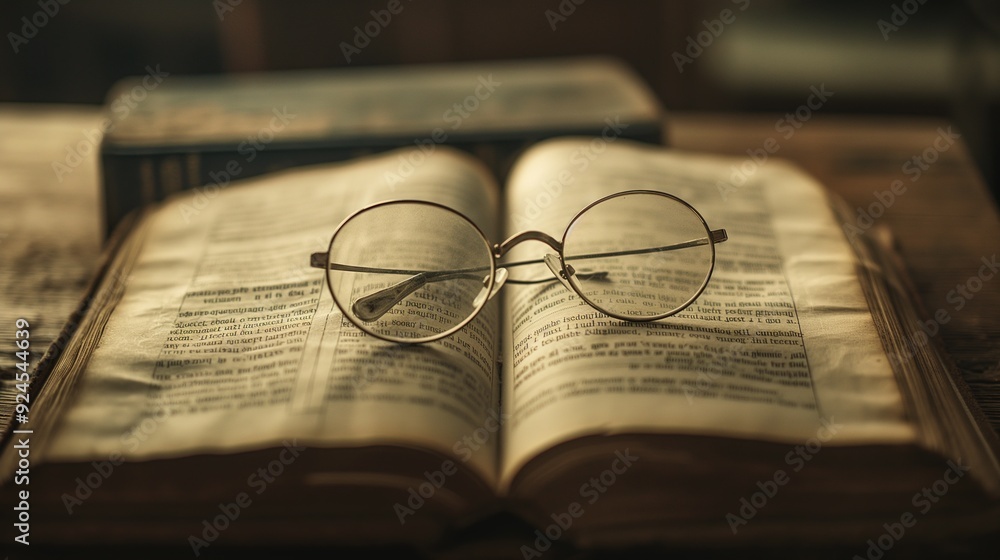 Dark academia eyeglasses on book. Dark academia eyeglasses on book.