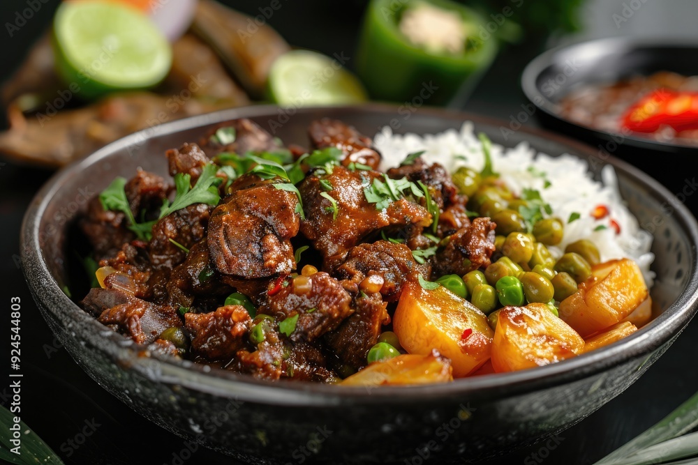 A delicious bowl of beef stew served with rice and vegetables, garnished with herbs. A delicious bowl of beef stew served with rice and vegetables, garnished with herbs.