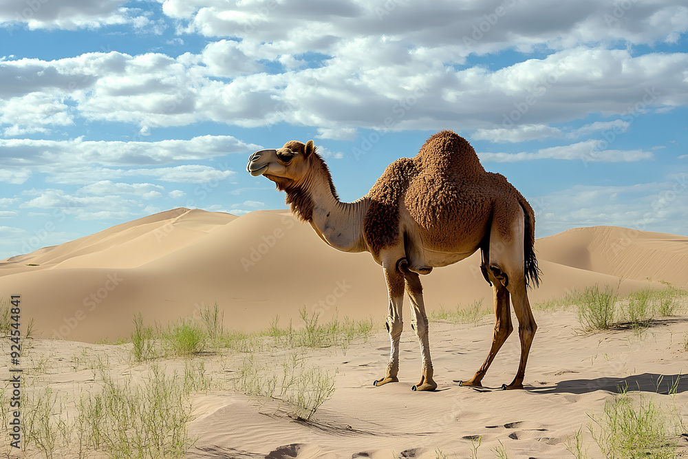 a camel passing through sand dunes, desert, 3d rendering, Generative AI a camel passing through sand dunes, desert, 3d rendering, Generative AI