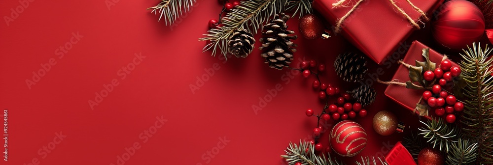 A festive arrangement of Christmas ornaments and wrapped presents on a vibrant red background, evoking holiday cheer and decorative joy. A festive arrangement of Christmas ornaments and wrapped presents on a vibrant red background, evoking holiday cheer and decorative joy.