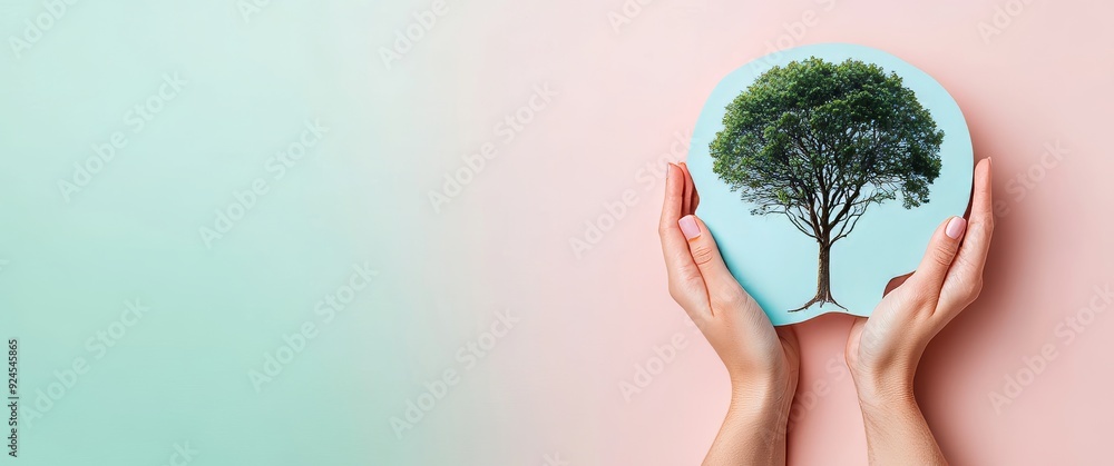 Two hands holding paper cutouts of the human head and brain on a light ...