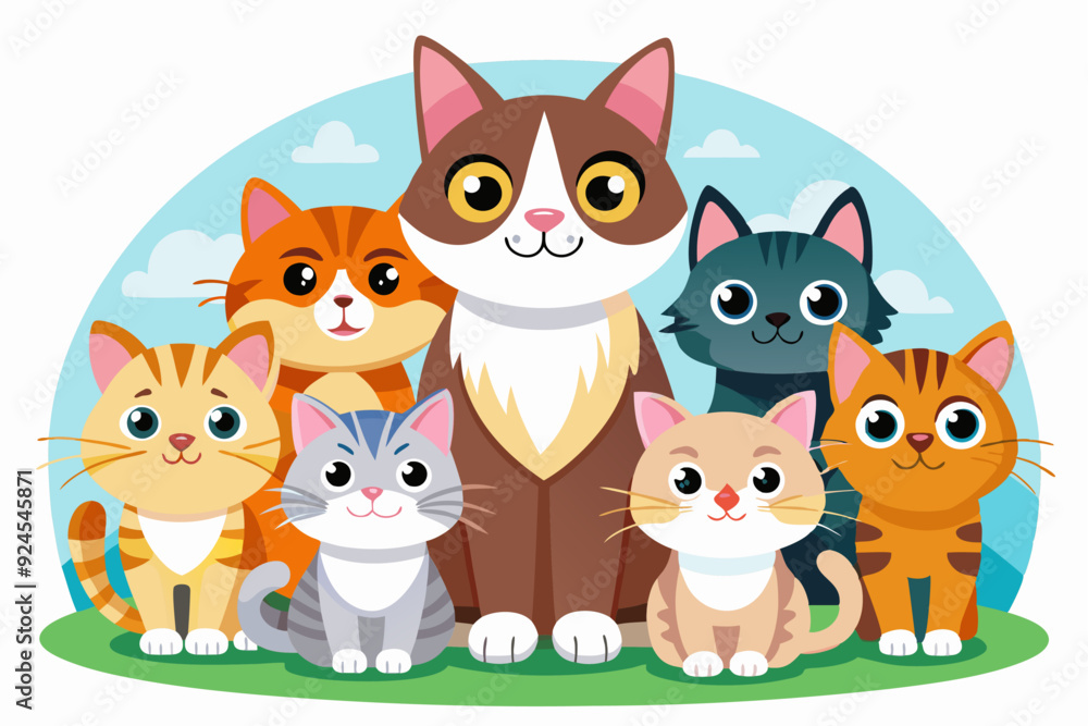 Fototapeta premium Six Adorable Cats Sitting Together in a Grassy Field