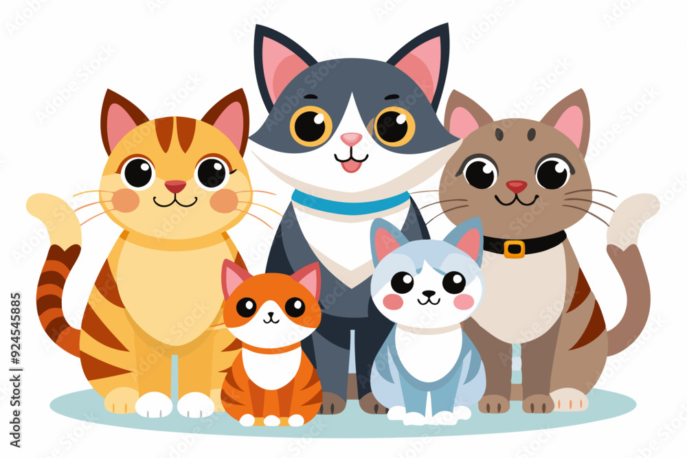 Fototapeta premium A Group of Five Cartoon Cats Sitting Together