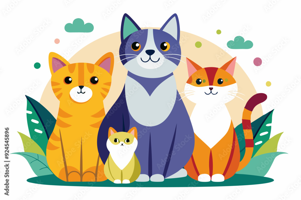Fototapeta premium Four Cats Sitting Together in a Garden Setting