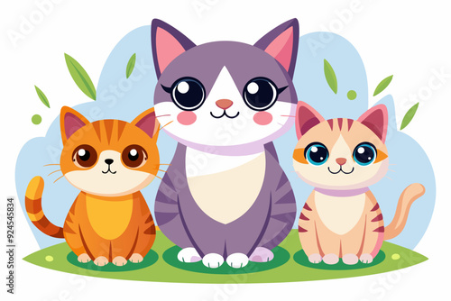 Three Adorable Cartoon Cats Sitting on Green Grass