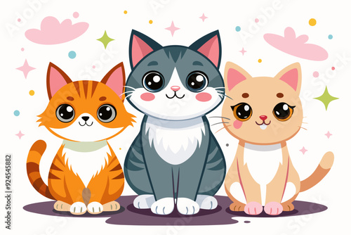 Three Cute Cartoon Cats with Big Eyes and a Whimsical Background
