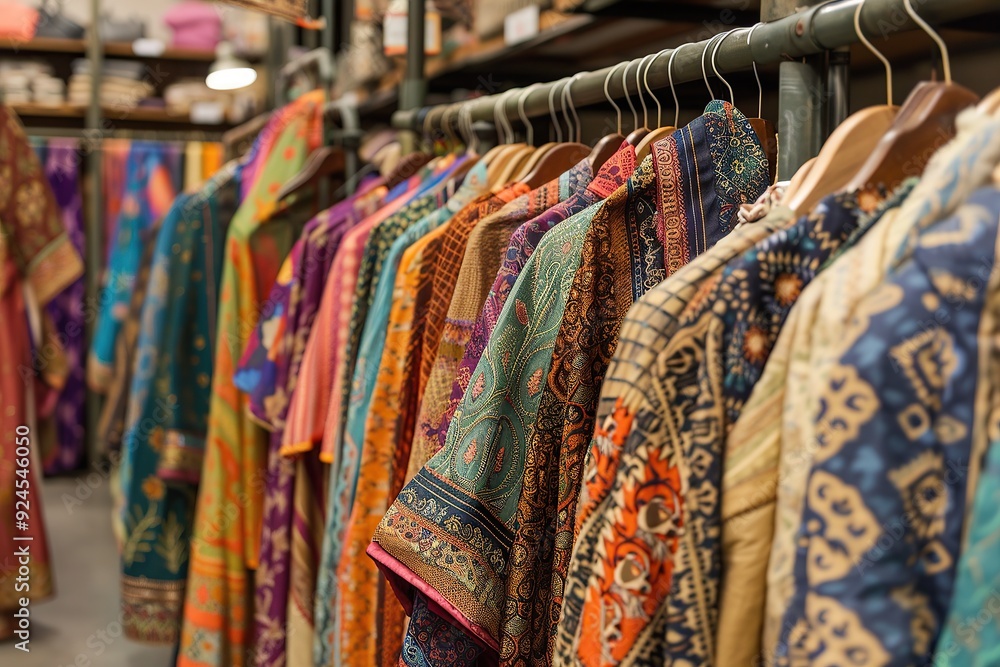 A rack of colorful, intricately patterned Indian in an Asian-style store with wooden shelves A rack of colorful, intricately patterned Indian in an Asian-style store with wooden shelves