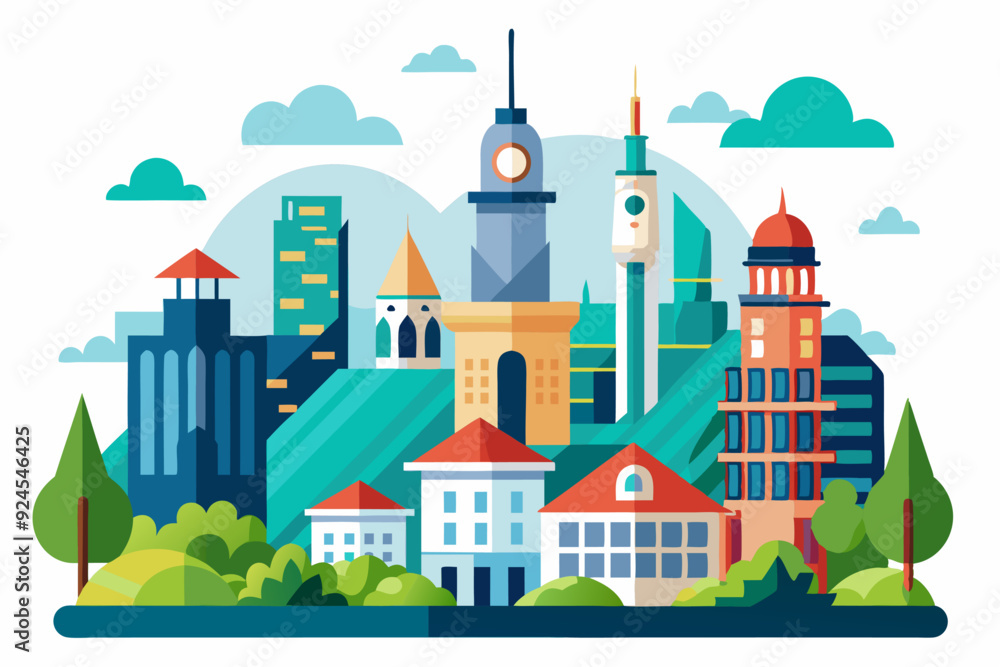Obraz premium A Colorful Cityscape with Buildings, Trees, and Clouds