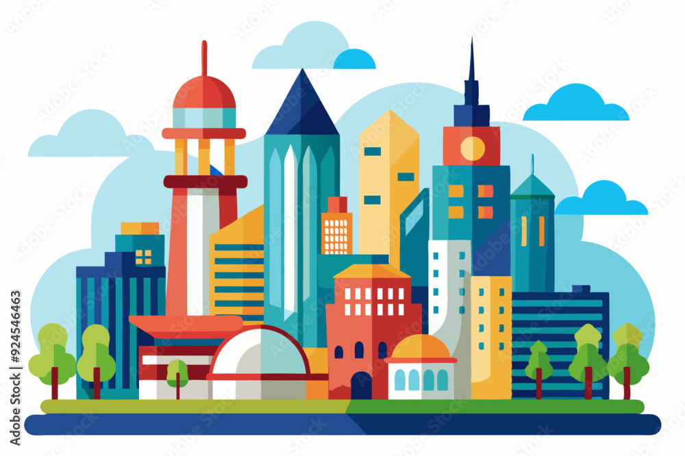 Obraz premium Colorful Cityscape with Buildings, Trees, and Clouds