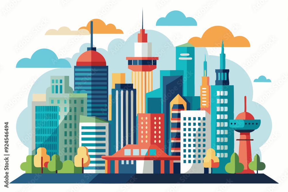 Fototapeta premium Flat-style illustration of a modern city with tall buildings and clouds