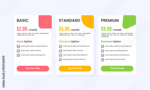 Business package price chart template. Price comparison table design. Subscription, Member, Premium, Information and Options. Vector illustration.