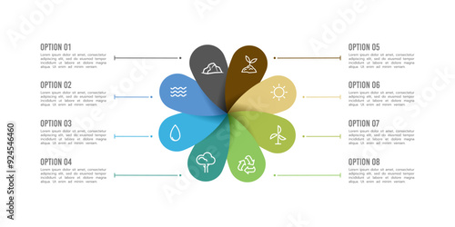 Ecology green infographic 8 element design template. Development, Green Energy, Environment, Eco system and Presentation. Vector illustration.