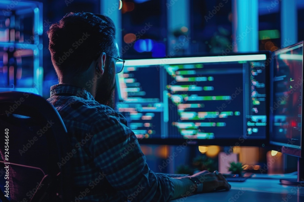 A person sits in front of two computer monitors, focused on his work A person sits in front of two computer monitors, focused on his work