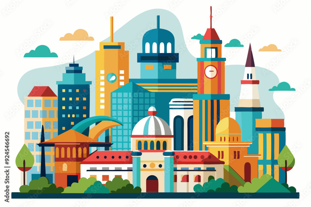 A Colorful Illustration of a Cityscape with Diverse Buildings and Green Spaces A Colorful Illustration of a Cityscape with Diverse Buildings and Green Spaces