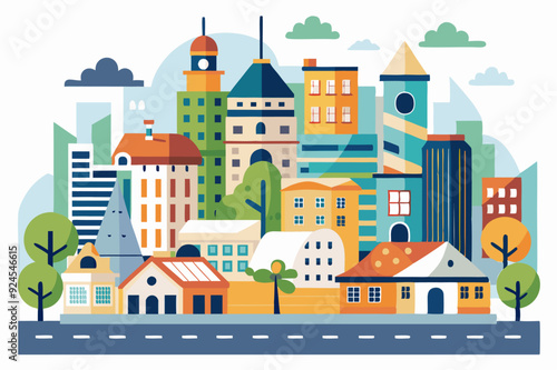A Colorful Cityscape with Tall Buildings and Green Trees