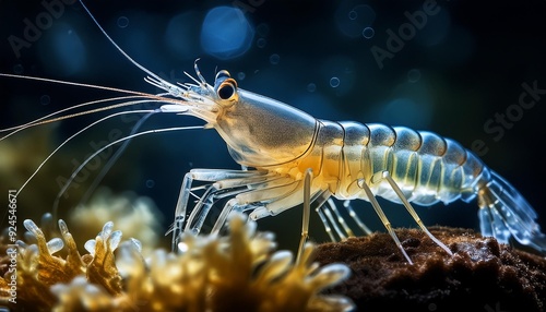 Close-Up Macro Shot of a Transparent Shrimp for Marine Photography, Ocean Aquatic Life Underwater Exploration. photo