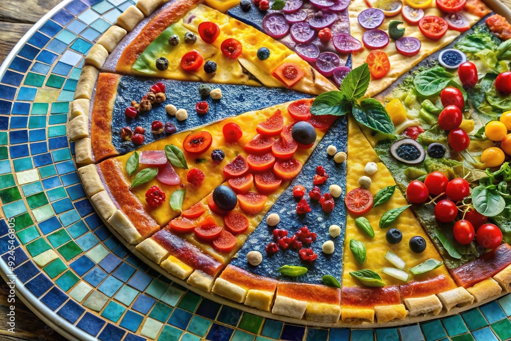 Fototapeta premium Colorful Mosaic Tile Pizza Platter: Vibrant, eclectic, bohemian, playful, rainbow, abstract