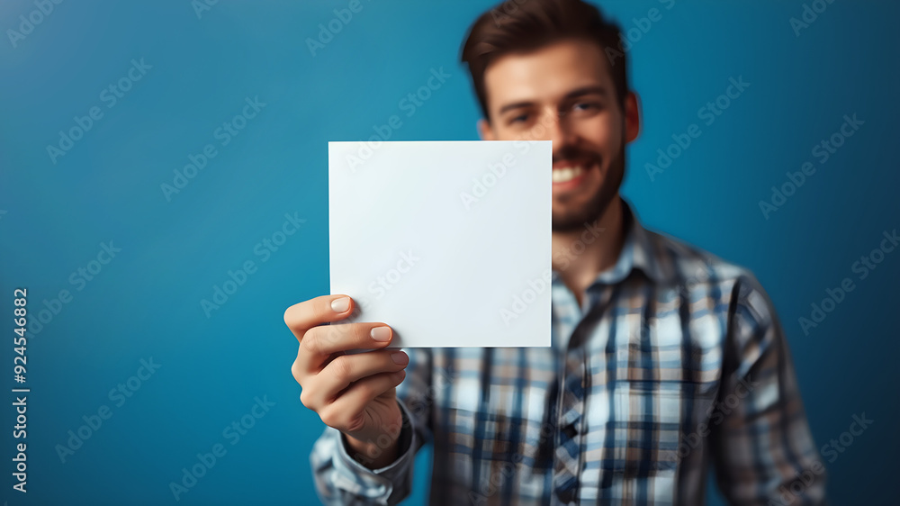 Man holding white paper canvas mockup on blue background. Template for banner or poster. Man holding white paper canvas mockup on blue background. Template for banner or poster.