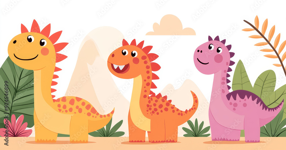 Obraz premium Group of dinosaurs, ancient volcanic landscape, friendly expressions, pastel tones