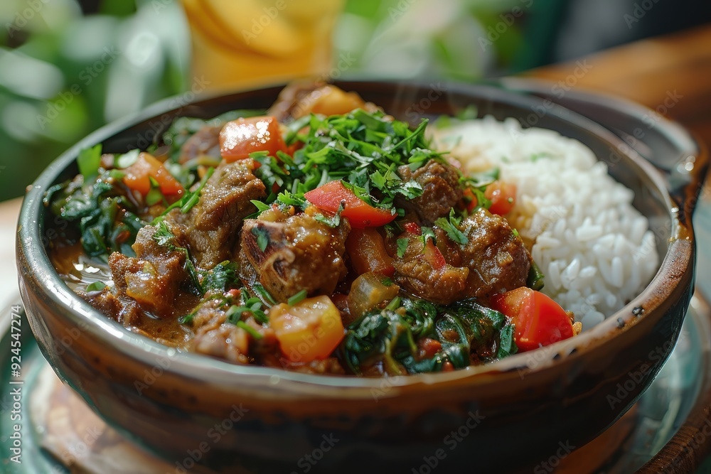 A delicious bowl of meat stew served with rice and garnished with fresh herbs and vegetables. A delicious bowl of meat stew served with rice and garnished with fresh herbs and vegetables.