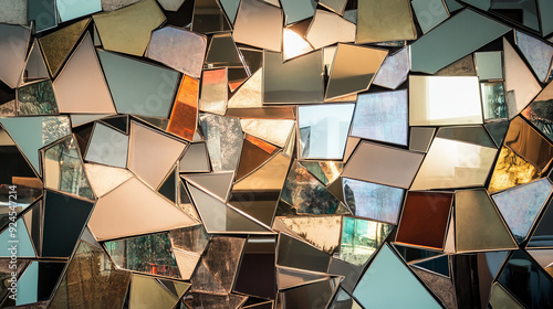 mirror, mirrorart,An abstract composition featuring multiple small mirrors of various shapes and sizes arranged artistically on a wall. The mirrors reflect different parts of the room, creating a frag photo