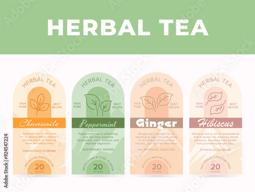 A collection of herbal tea labels showcasing chamomile, peppermint, ginger, and hibiscus with a harmonious design and earthy colors.