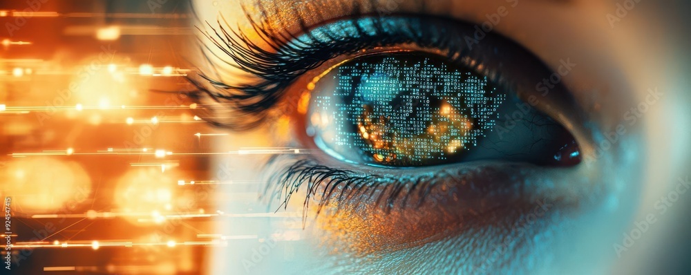 Eye with a digital overlay of numbers and symbols, biometric encryption, security in user authentication systems