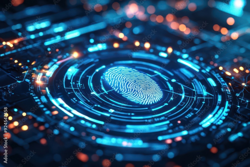 Holographic fingerprint scanner in a futuristic environment, biometric security, advanced login protection Holographic fingerprint scanner in a futuristic environment, biometric security, advanced login protection