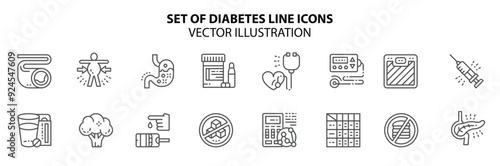 Set of Diabetes Line Icons. Heartburn, Electrocardiogram, Glucometer and more