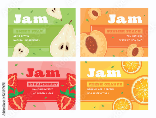 Organic jam labels showcasing various flavors including sweet pear, summer peach, strawberry, and fresh orange
