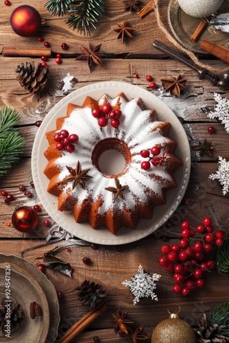 Festive Holiday Bundt Cake with Red Berries and Pine Cones on Wooden Table