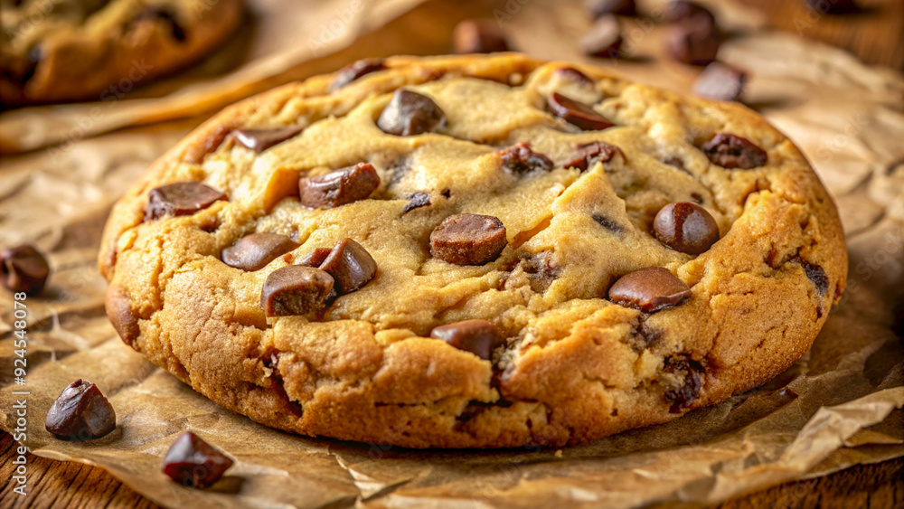Close Up of a Chocolate Chip Cookie on Brown Paper Close Up of a Chocolate Chip Cookie on Brown Paper