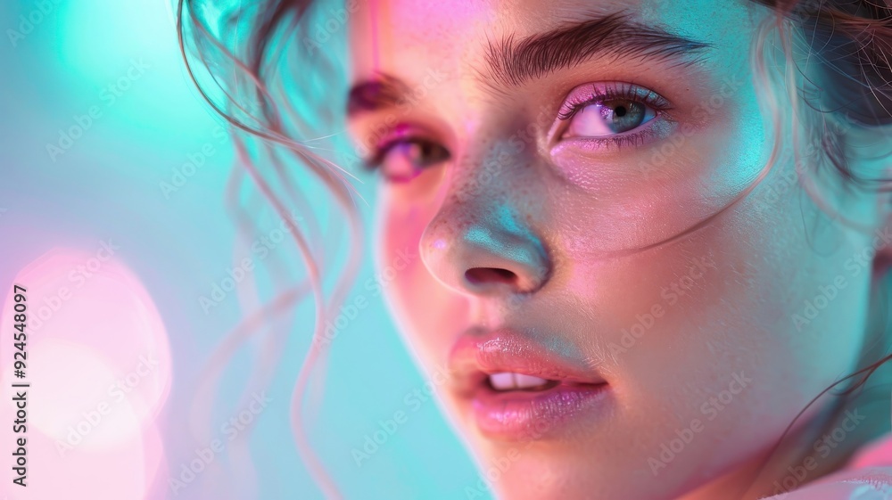 custom made wallpaper toronto digitalDreamlike vision of beauty: closeup portrait with ethereal face and soft neon hues.