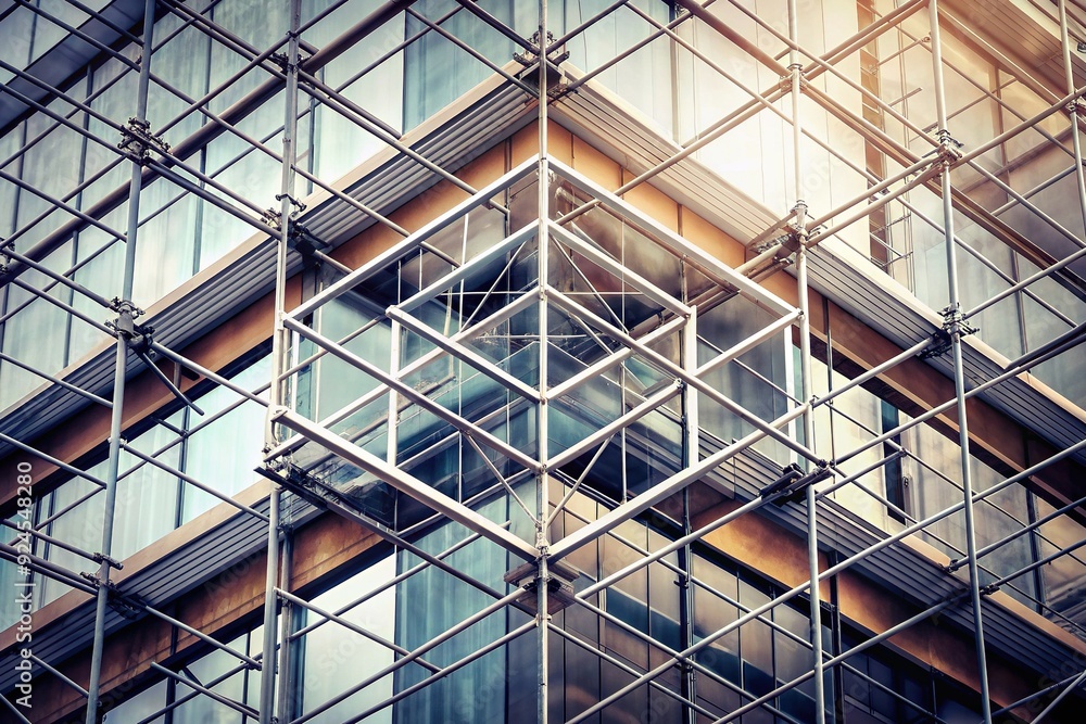 Obraz premium Construction Composition: Geometric scaffolding, sleek logo, neutral tones, sharp angles, precise