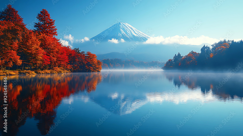 Fototapeta premium Mt. Fuji in spring, with a view of the lake and clear sky