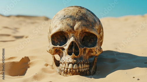 human skull in dry desert valley, ancient war remains