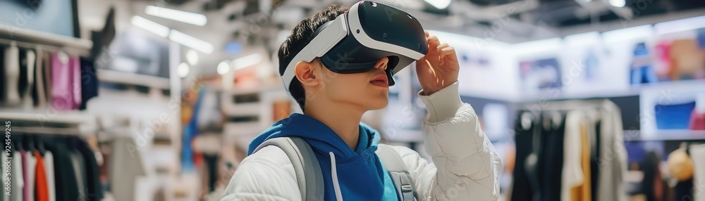 A young individual exploring virtual reality in a modern store, showcasing immersive technology and contemporary fashion. A young individual exploring virtual reality in a modern store, showcasing immersive technology and contemporary fashion.