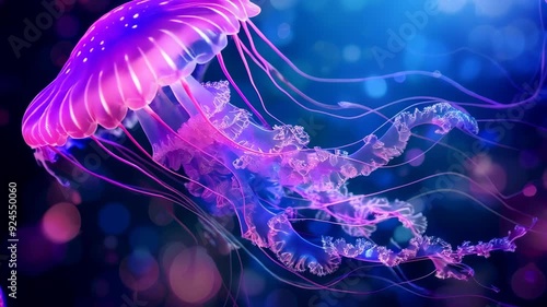 An intricate image of a single neon-hued bioluminescent jellyfish floating elegantly in dark waters, displaying its beautiful, lace-like tentacles and glowing body.