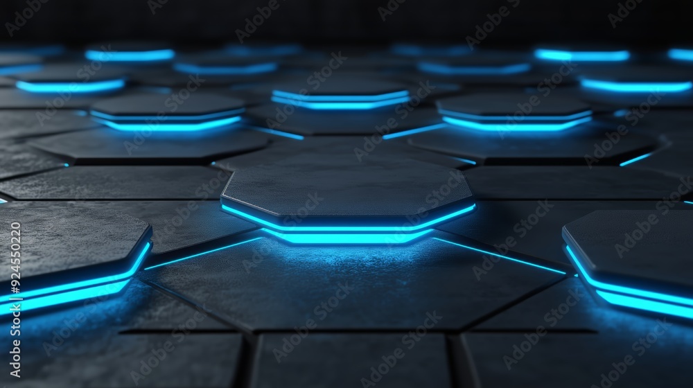 Fototapeta premium 3D Render of Abstract Futuristic Background with Blue Glowing Hexagons on Dark Concrete Floor