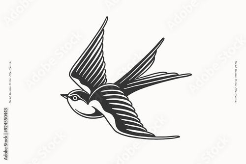 A hand-drawn black and white illustration of a flying swallow, ideal for use in tattoo designs, nature-themed artwork, and vintage-inspired projects.