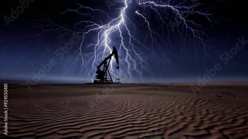 An intense scene of an oil pumpjack standing alone in a stormy desert landscape, with striking lightning bolts illuminating the dramatic sky, showcasing the raw power of nature and industry.