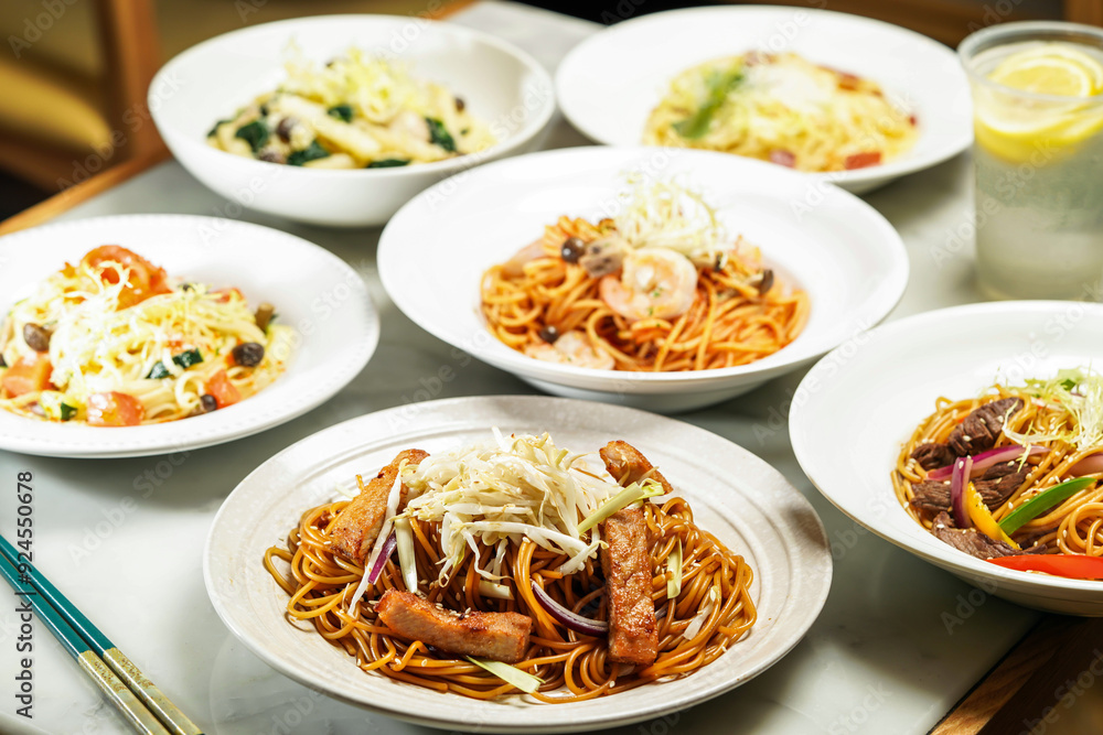 Spaghetti Noodles with Pork Chop in Swiss Sauce, Spaghetti with Shrimps and mushroom, Spaghetti with Shredded Beef with Black Pepper, Linguine pasta Crab Roe Smoked Salmon, Penne Spinach and Mushroom Spaghetti Noodles with Pork Chop in Swiss Sauce, Spaghetti with Shrimps and mushroom, Spaghetti with Shredded Beef with Black Pepper, Linguine pasta Crab Roe Smoked Salmon, Penne Spinach and Mushroom