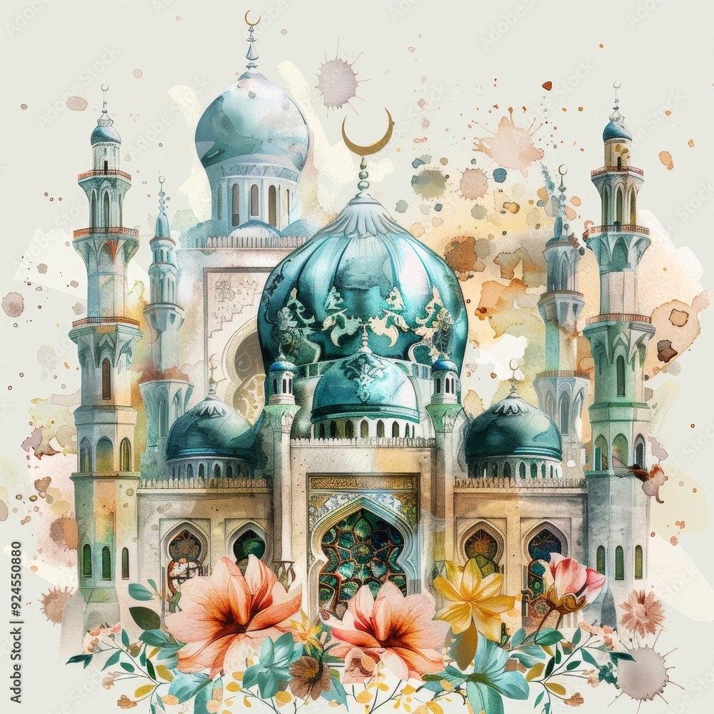Obraz premium Watercolor mosque greeting card design in Islamic art, Ramadan Kareem month sketch, Islamic nuanced decoration, Islamic patterns and elegant hand drawn Islamic flowers, Eid al-Fitr.