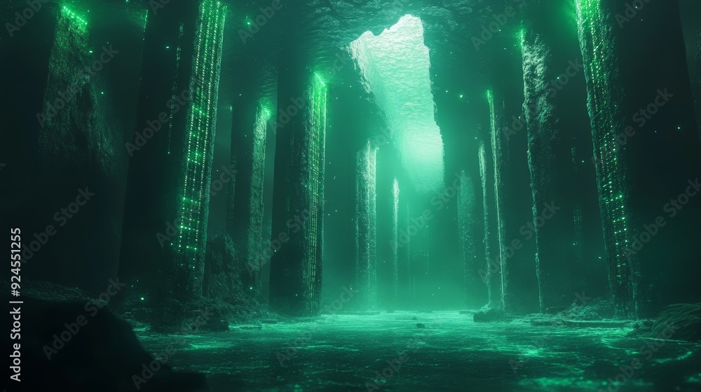 Obraz premium Glowing Green Pillars in a Mysterious Cave
